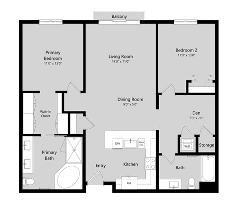 Floor plan for 2 beds, 2 baths, 1254 sqft